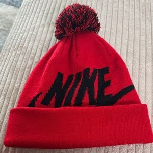 Nike Kids Bold Red Beanie with Pom-Pom
